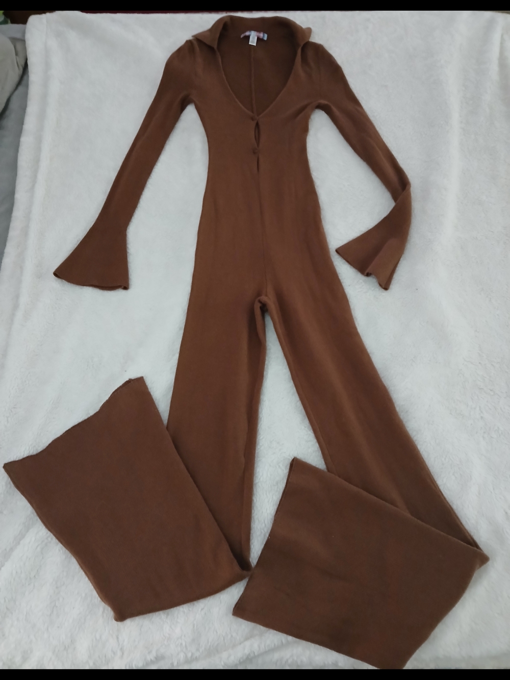 Urban Outfitters Brown Ribbed Knit Bell-Sleeve Jumpsuit